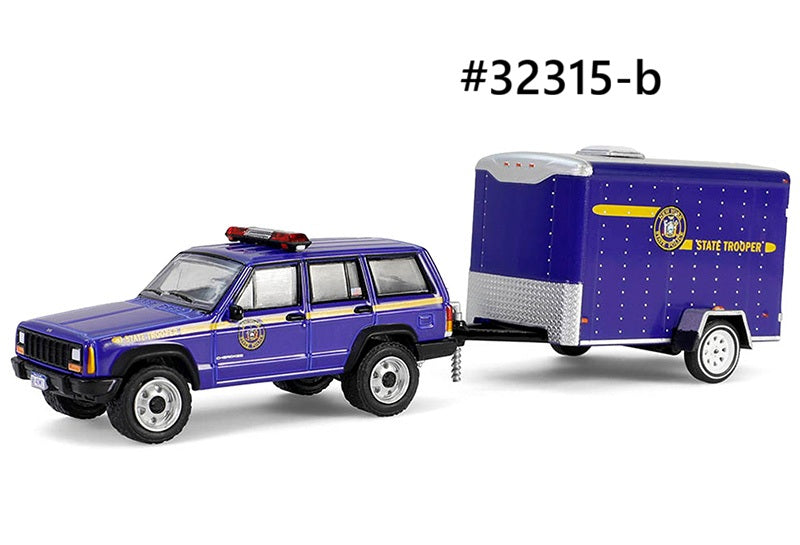 Jeep Cherokee 2001 et remorque cargo Police Hot Pursuit Greenlight 1/24